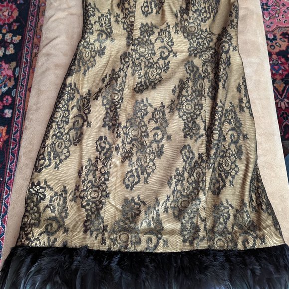 IGNITE EVENINGS BY CAROL LIN FORMAL COCKTAIL DRESS GOLD BLACK LACE FEATHERS SZ 6 - Picture 3 of 9